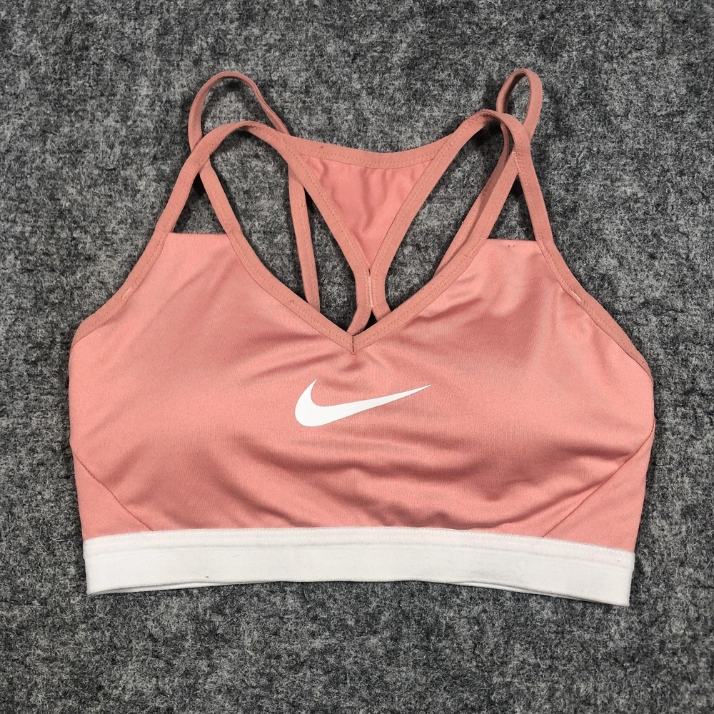 Nike Sports Bra Womens M Pink Strappy Crossback Removable Pads Logo Gym Yoga